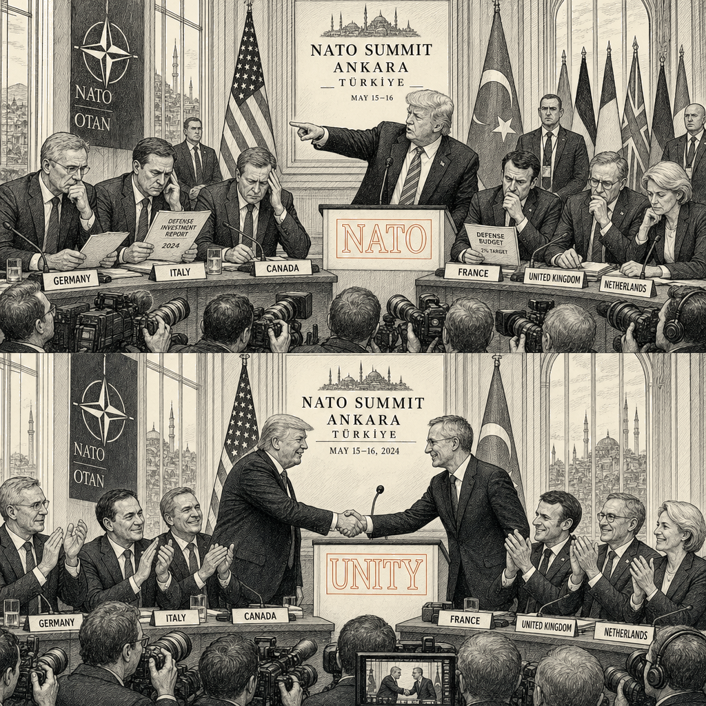 Illustration accompanying article: Trump criticizes NATO allies, then praises unity at Ankara summit