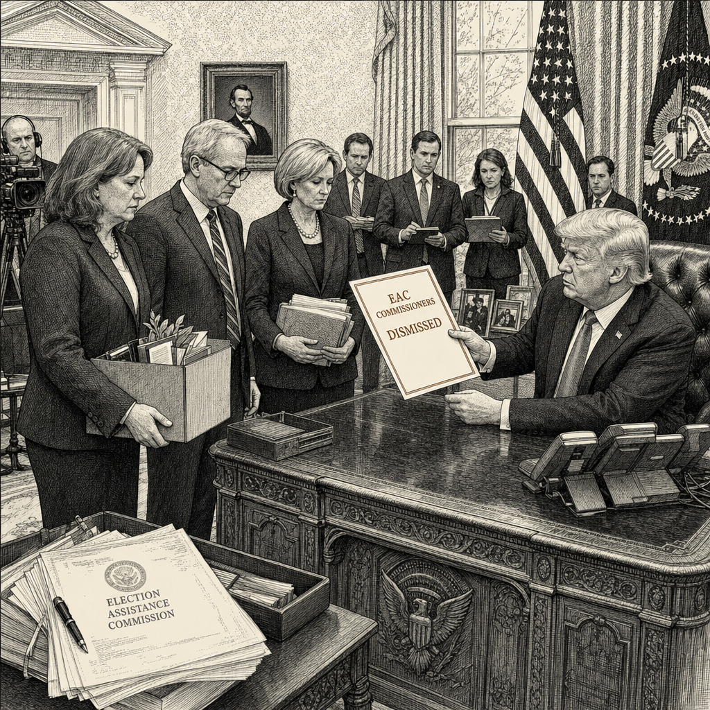 Illustration accompanying article: Trump removes remaining Election Assistance Commission commissioners