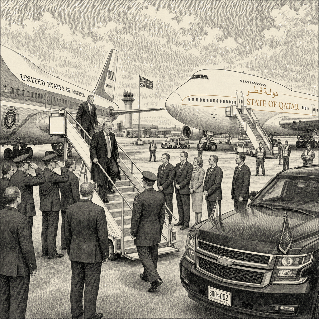 Illustration accompanying article: Trump transfers to Qatari-donated jet in Britain after departing Ankara