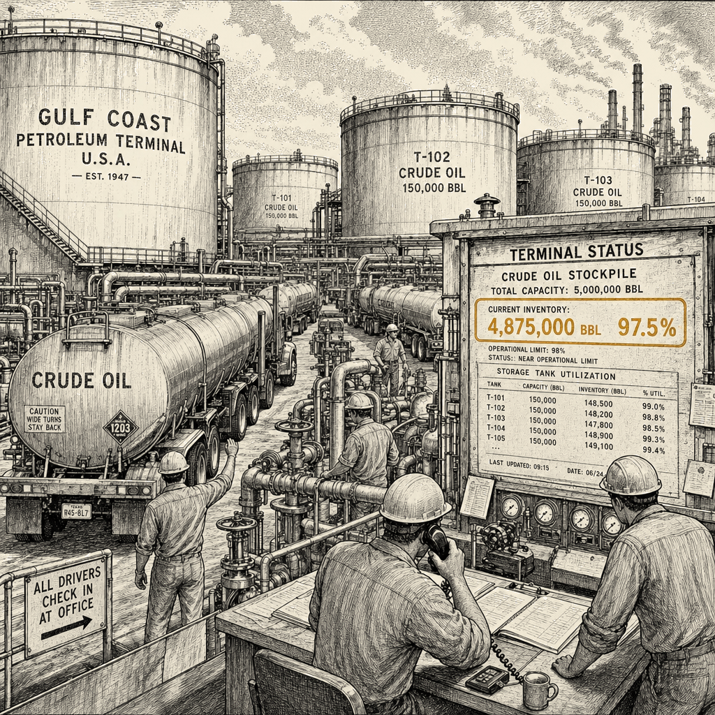 Illustration accompanying article: U.S. oil stockpiles stay near operational limits as Trump ends Iran ceasefire