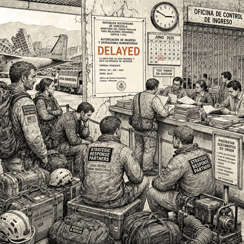 Illustration accompanying article: US rescue team says Venezuelan bureaucracy delayed quake response by five days