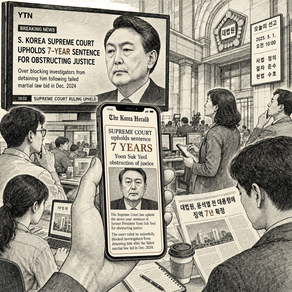 Illustration accompanying article: Yoon watches from cellphone as Supreme Court upholds 7-year sentence