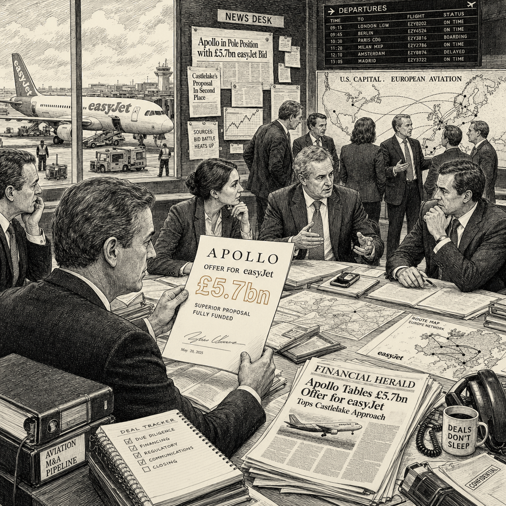 Illustration accompanying article: Apollo offers £5.7bn for easyJet, topping Castlelake deal