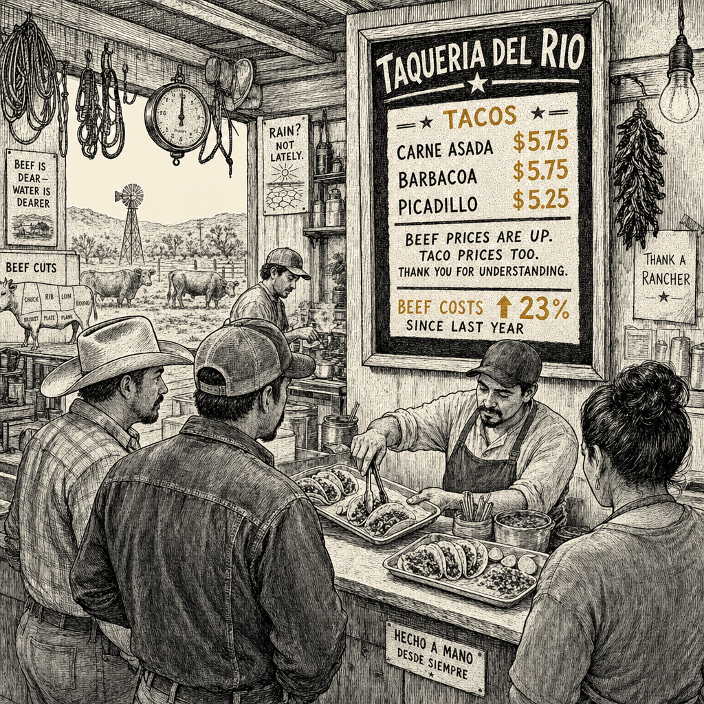 Illustration accompanying article: Beef prices push Texas taco costs higher as drought and screwworm strain supply