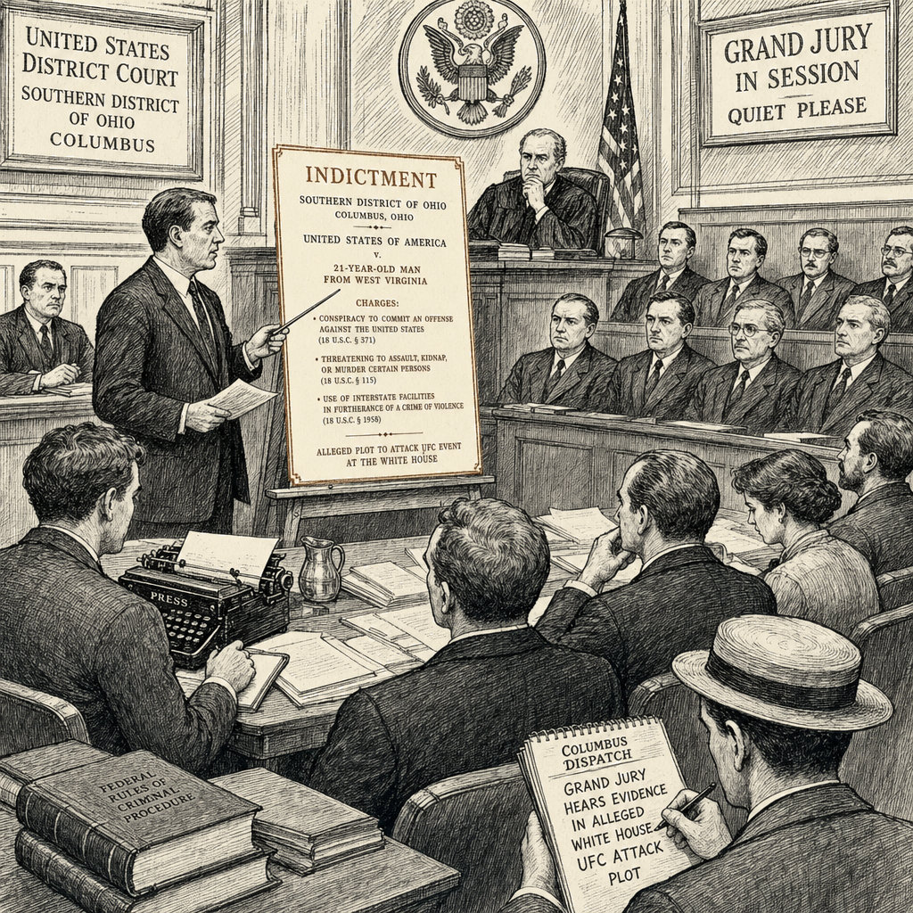 Illustration accompanying article: Federal grand jury in Columbus indicts West Virginia man in White House UFC plot