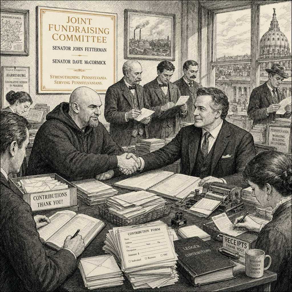 Illustration accompanying article: Fetterman and McCormick form joint fundraising committee