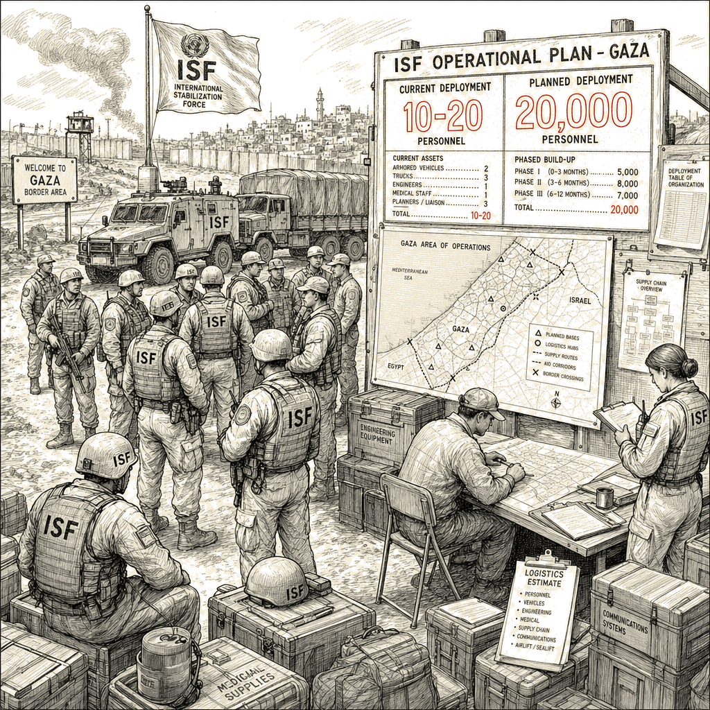 Illustration accompanying article: Gaza peacekeeping force to start with 10 to 20 troops, far short of 20,000 goal