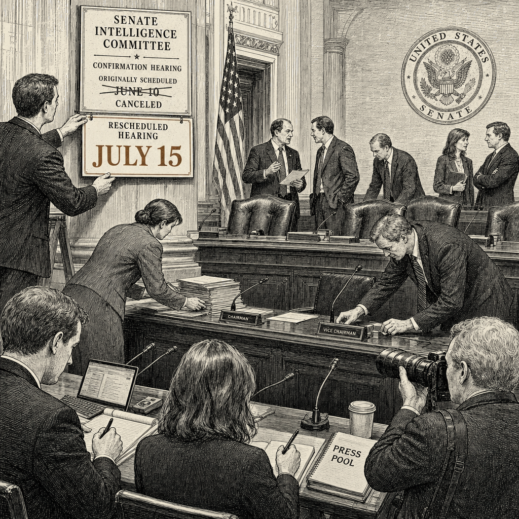 Illustration accompanying article: Jay Clayton's DNI confirmation hearing rescheduled for July 15