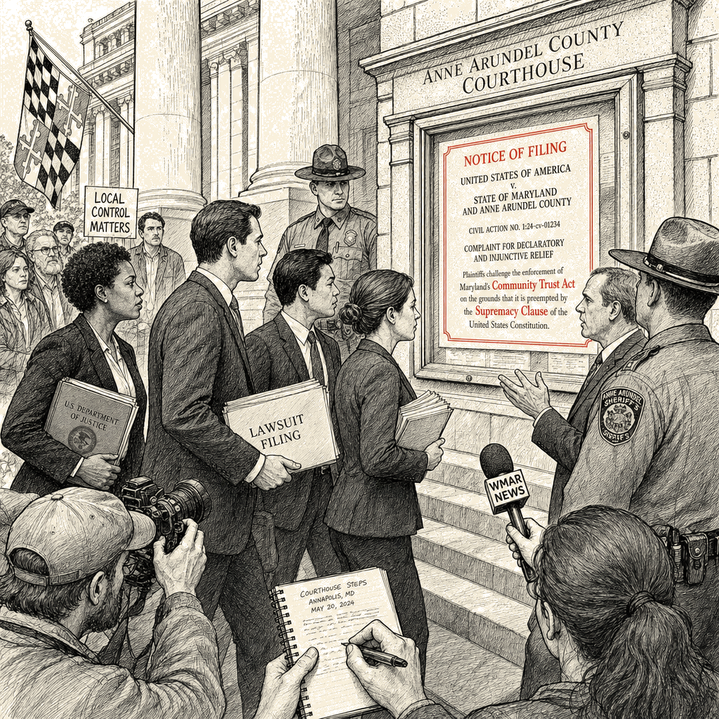 Illustration accompanying article: Justice Department sues Maryland over law it says violates Supremacy Clause