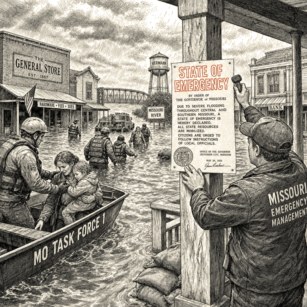 Illustration accompanying article: Missouri declares state of emergency as flash floods hit central, southern areas