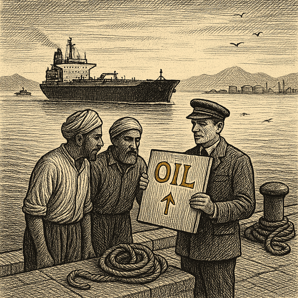 Illustration accompanying article: Oil heads for weekly gain as U.S.-Iran strikes keep Strait of Hormuz quiet
