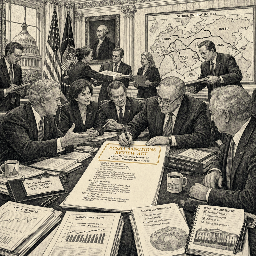 Illustration accompanying article: Senators, White House agree on revised Russia sanctions text