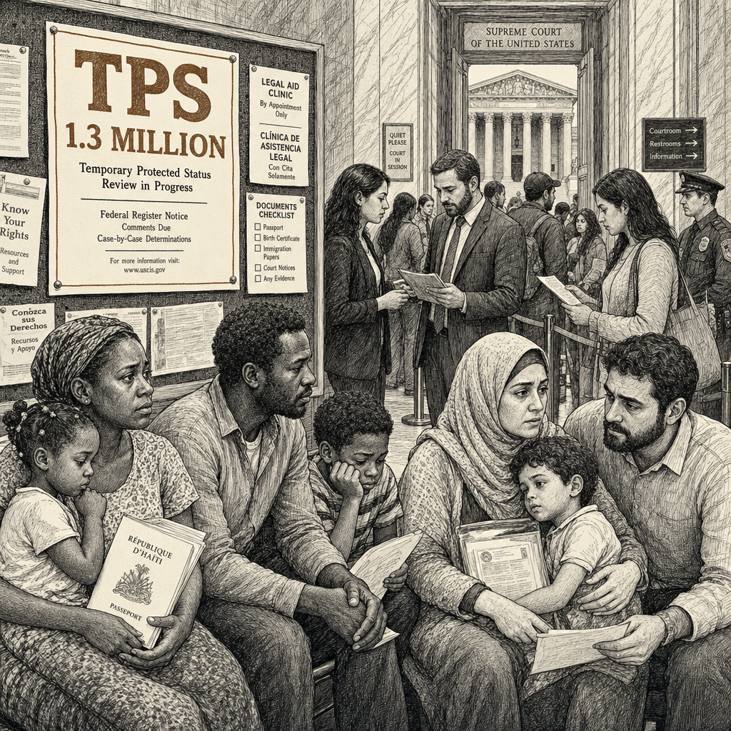 Illustration accompanying article: Supreme Court rules Trump may end TPS for Haitians, Syrians, affecting 1.3 million