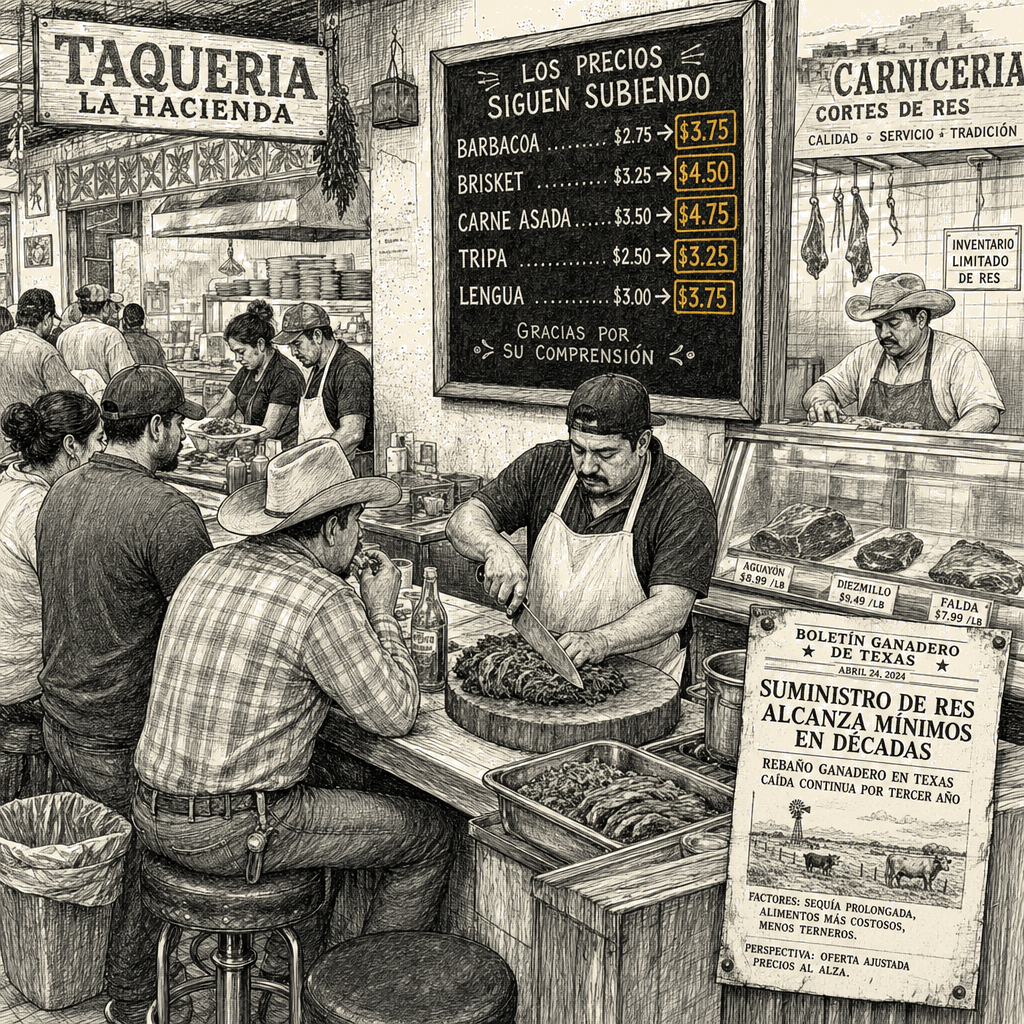 Illustration accompanying article: Texas taco staples become pricier as beef supply shrinks