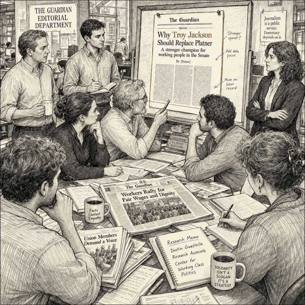 Illustration accompanying article: Troy Jackson pitched as Platner replacement in Guardian op-ed