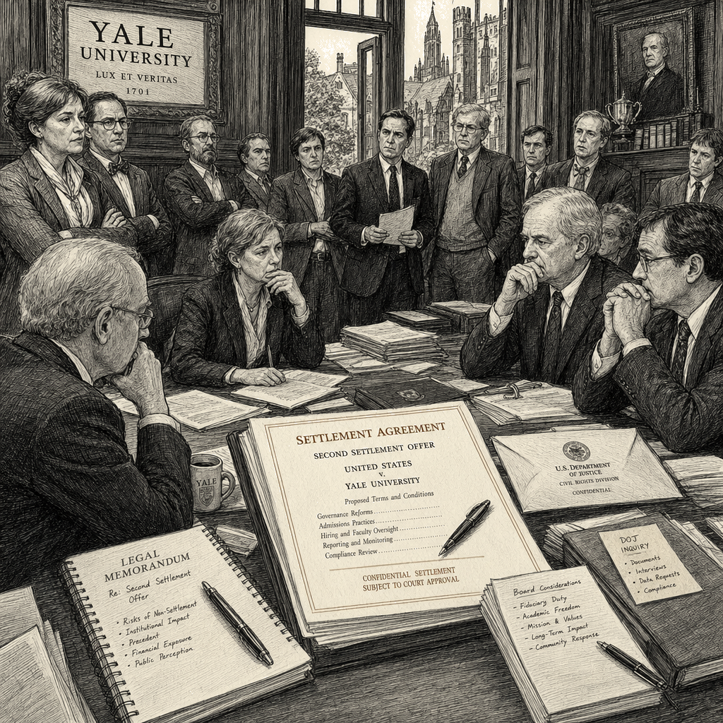 Illustration accompanying article: Yale weighs second settlement offer as faculty, alumni press leadership to resist