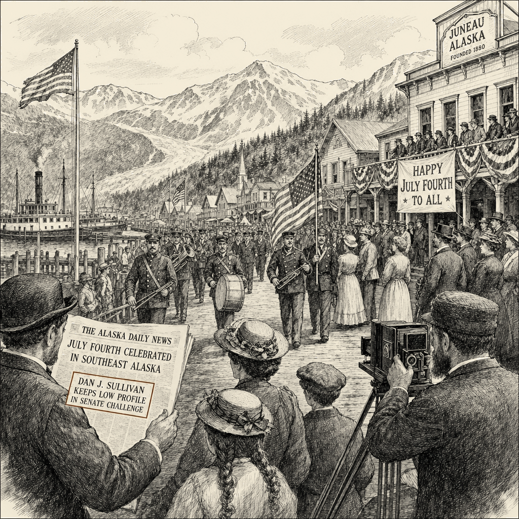Illustration accompanying article: Alaska Senate challenger Dan J. Sullivan keeps low profile on July Fourth