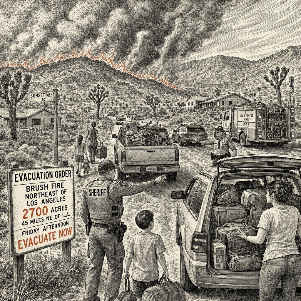 Illustration accompanying article: Brush fire northeast of Los Angeles grows to 2,700 acres, prompts evacuations
