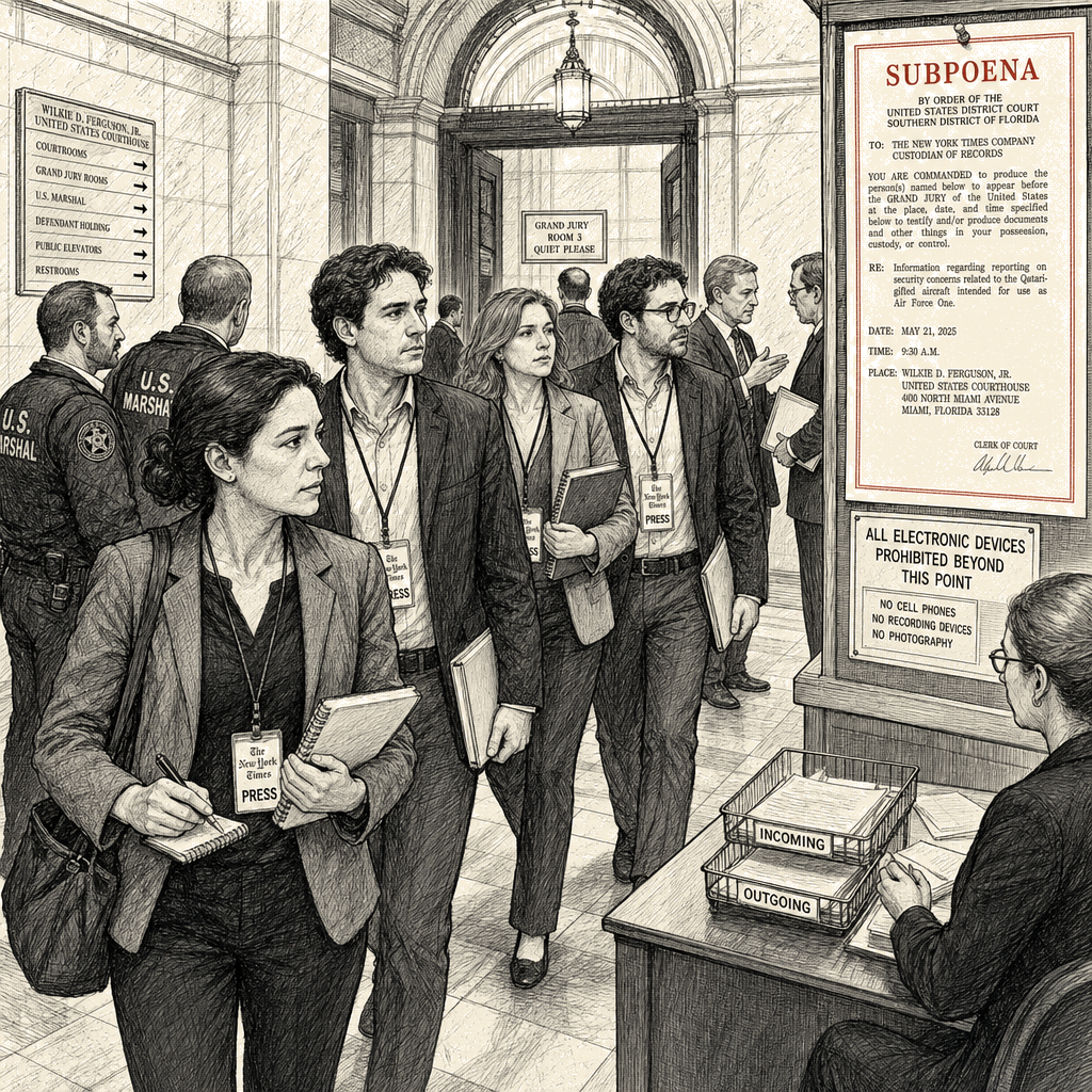 Illustration accompanying article: Four New York Times journalists ordered to testify before federal grand jury