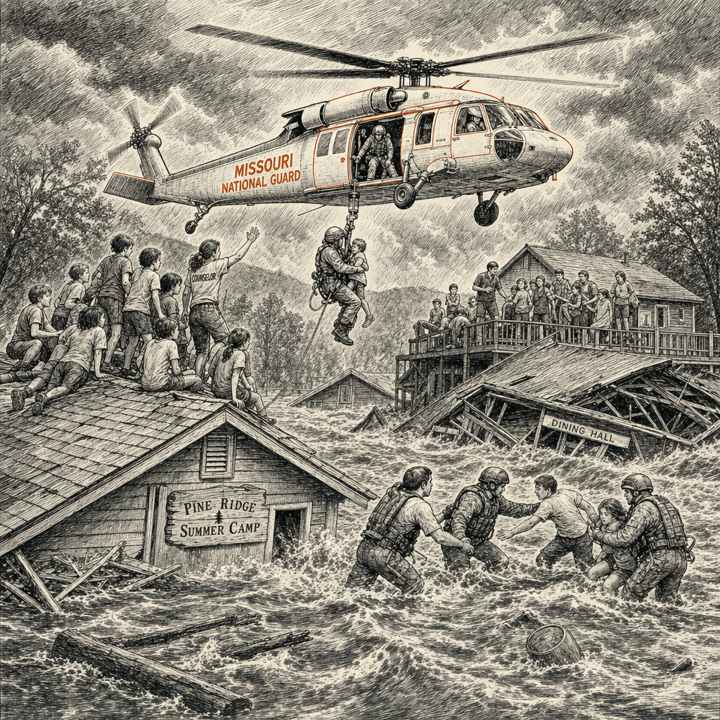 Illustration accompanying article: Helicopters rescue 200 from Missouri summer camp as floods sweep southeast