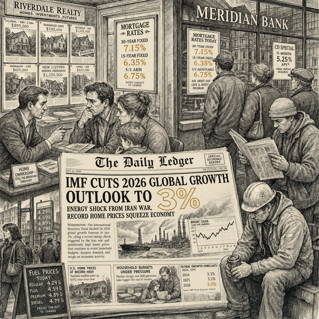 Illustration accompanying article: IMF cuts global growth to 3% as Iran war, record home prices squeeze economy