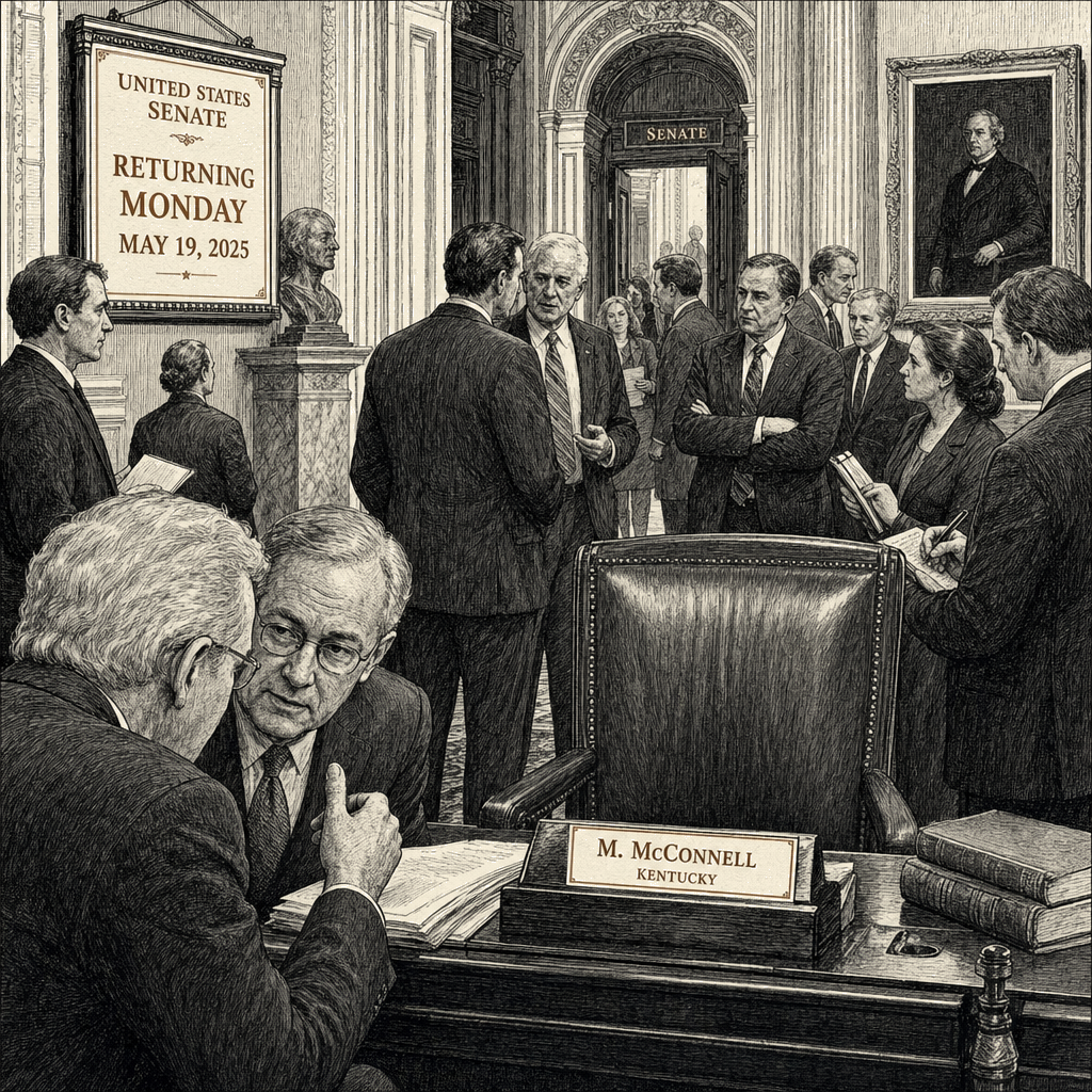 Illustration accompanying article: McConnell absent for nearly a month as Senate returns Monday