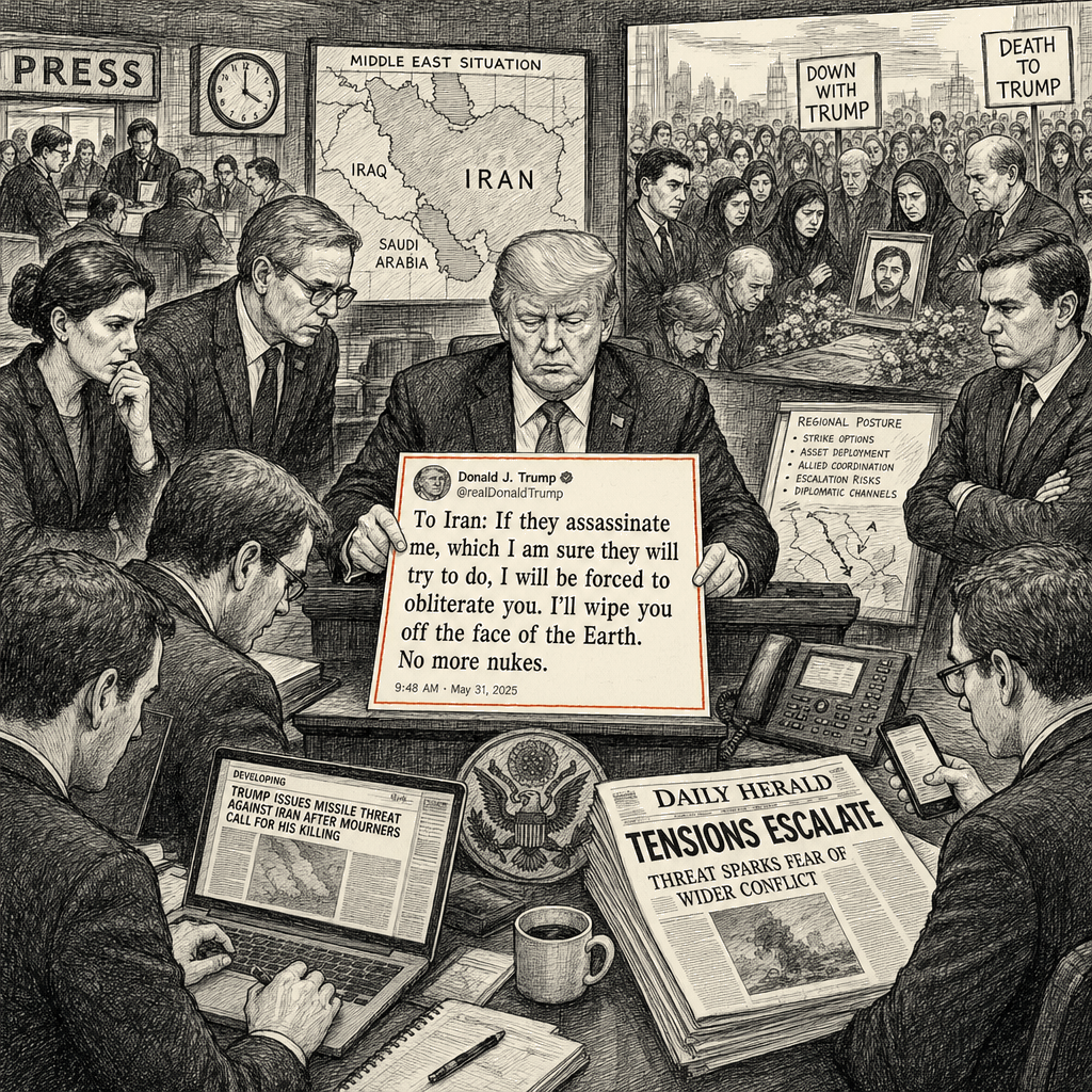 Illustration accompanying article: Trump issues missile threat against Iran after mourners call for his killing