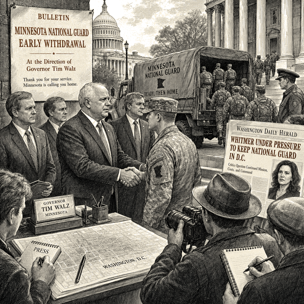 Illustration accompanying article: Walz pulls Minnesota Guard from D.C. early; Whitmer under pressure