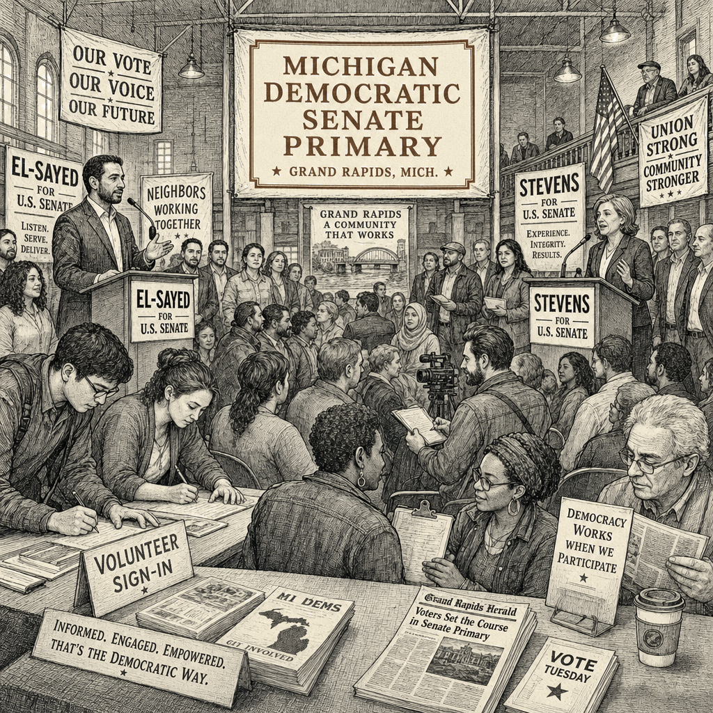 Illustration accompanying article: El-Sayed and Stevens compete in Michigan Democratic Senate primary