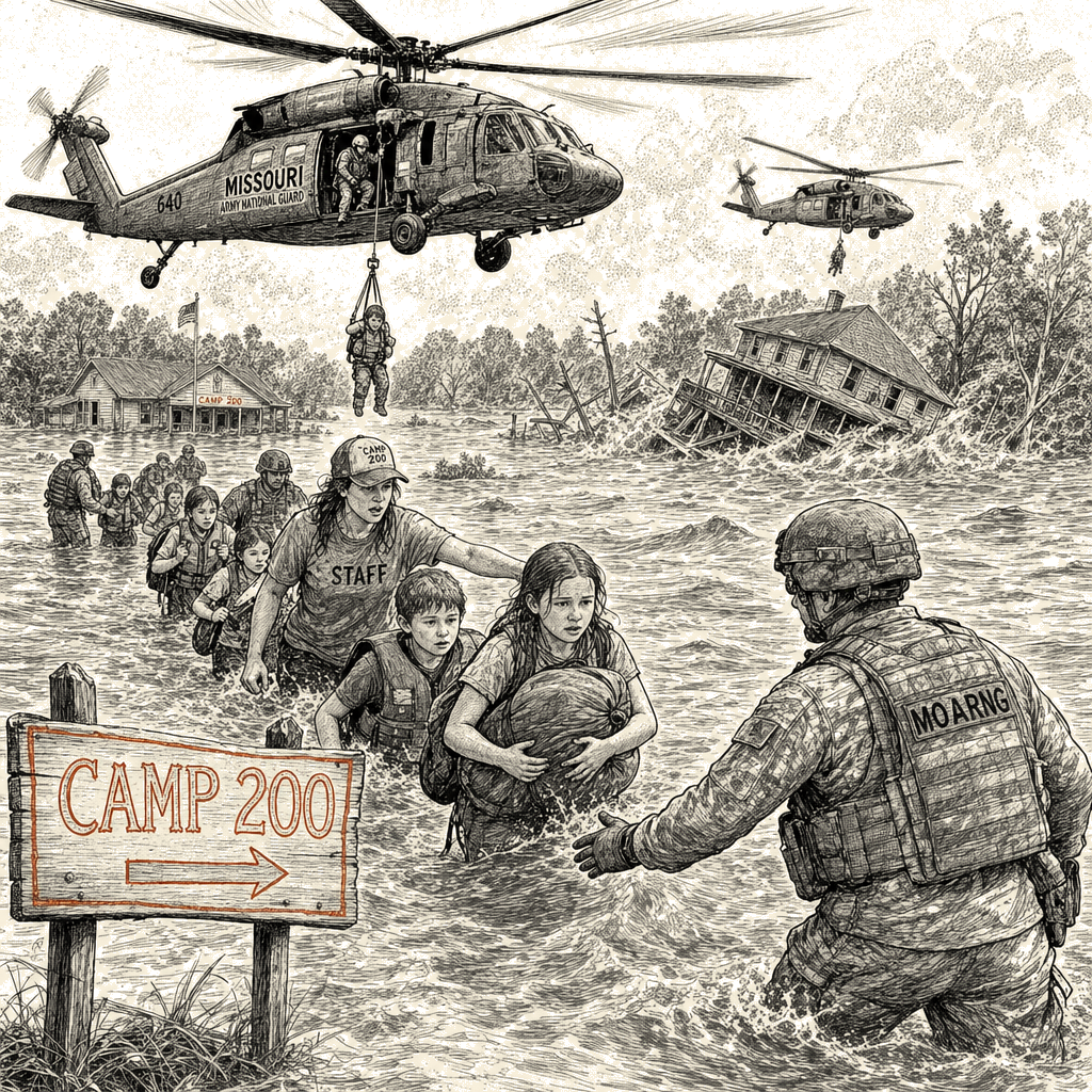 Illustration accompanying article: Helicopters airlift 200 campers as Missouri flood kills 1