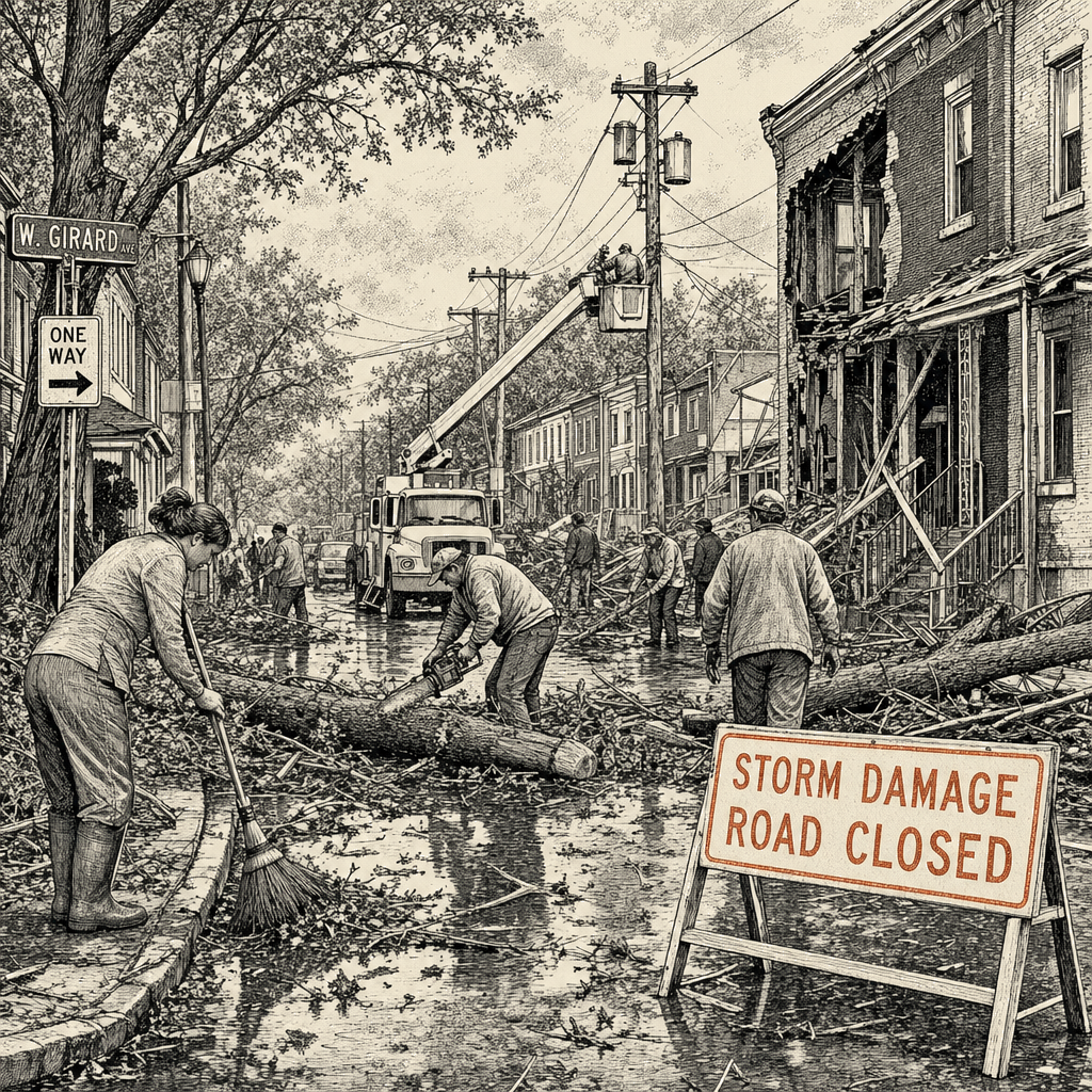 Illustration accompanying article: Philadelphia cleans up after microbursts damage buildings and streets