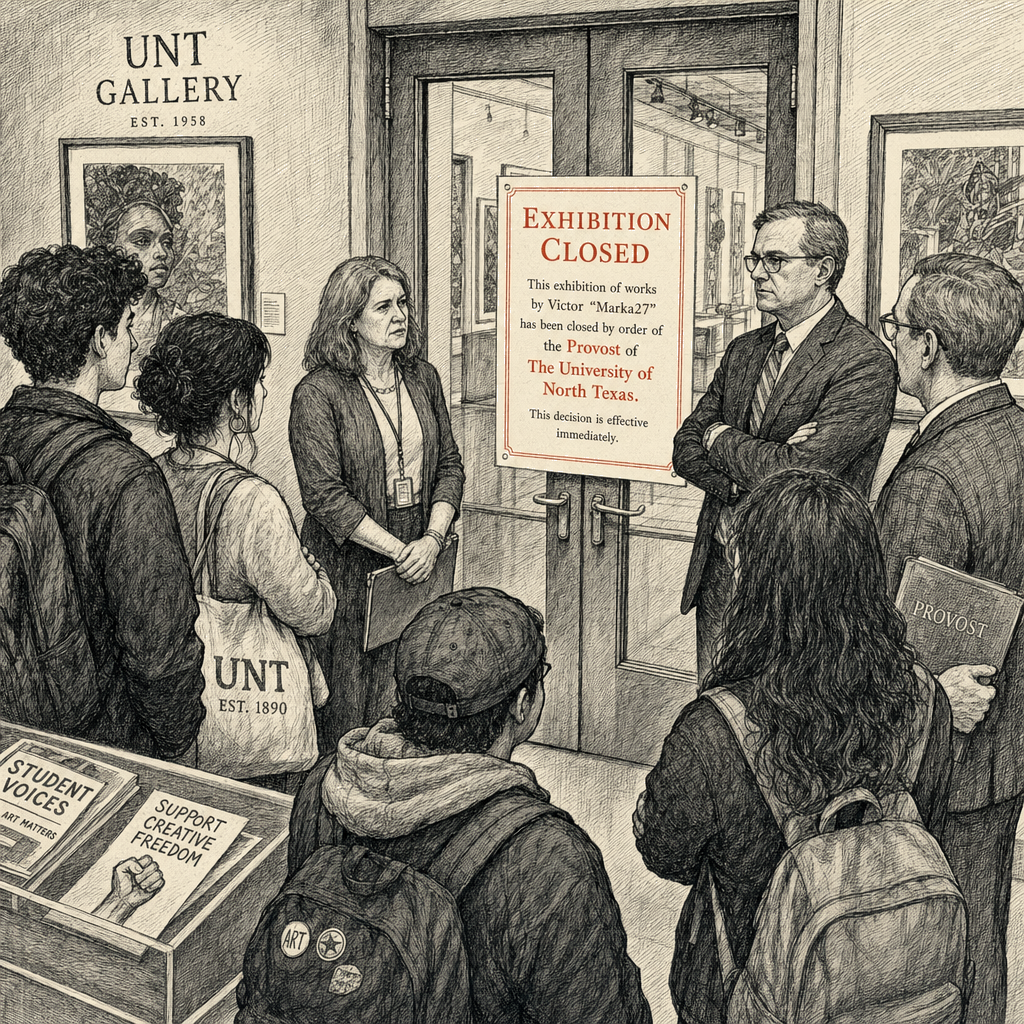 Illustration accompanying article: Texas university shut down artist's ICE-parody exhibition; texts show provost