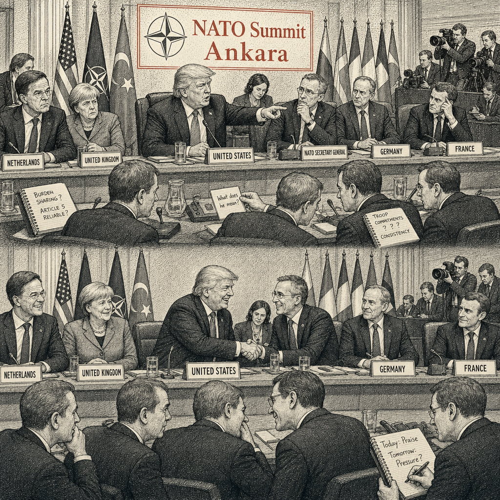 Illustration accompanying article: Trump's NATO summit swing from anger to praise leaves allies uneasy