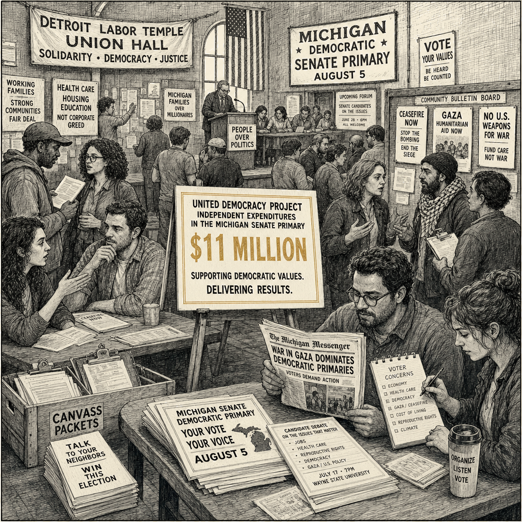 Illustration accompanying article: United Democracy Project spends $11 million in Michigan Senate primary