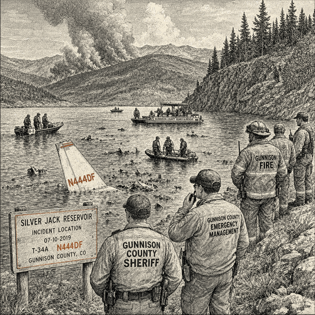 Illustration accompanying article: Firefighting pilot dies when aircraft crashes into Colorado reservoir