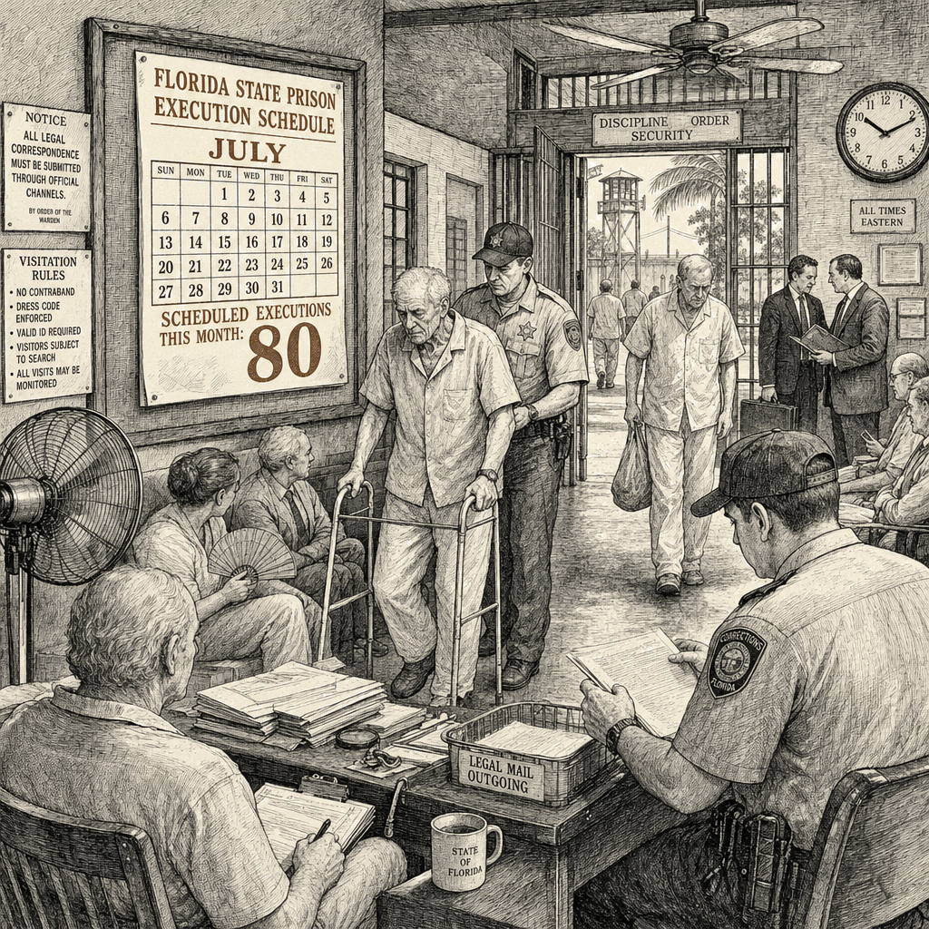 Illustration accompanying article: Florida to execute elderly inmates in July as death row ages