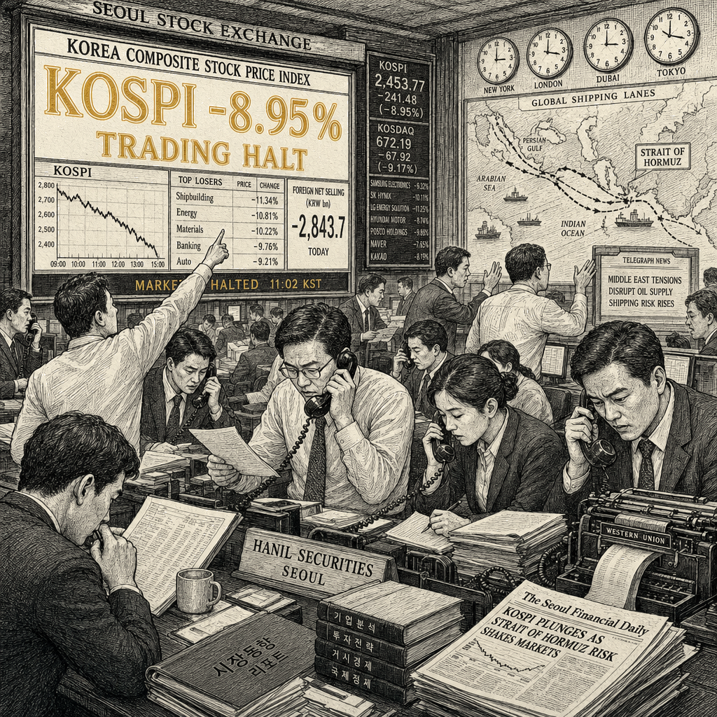 Illustration accompanying article: KOSPI falls 8.95% on tech losses as U.S. and Iran exchange strikes over Strait of Hormuz