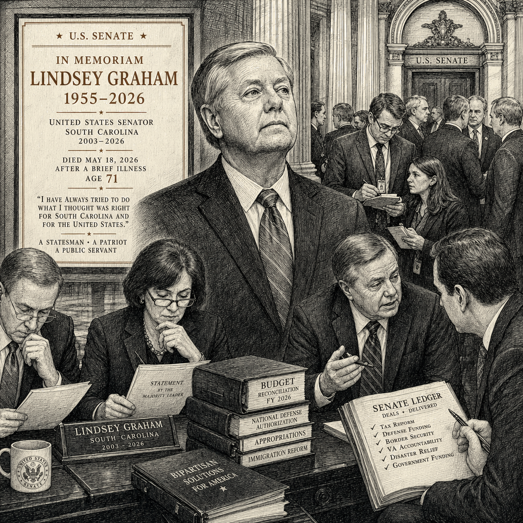 Illustration accompanying article: Lindsey Graham, dealmaking senator from South Carolina, dies at 71