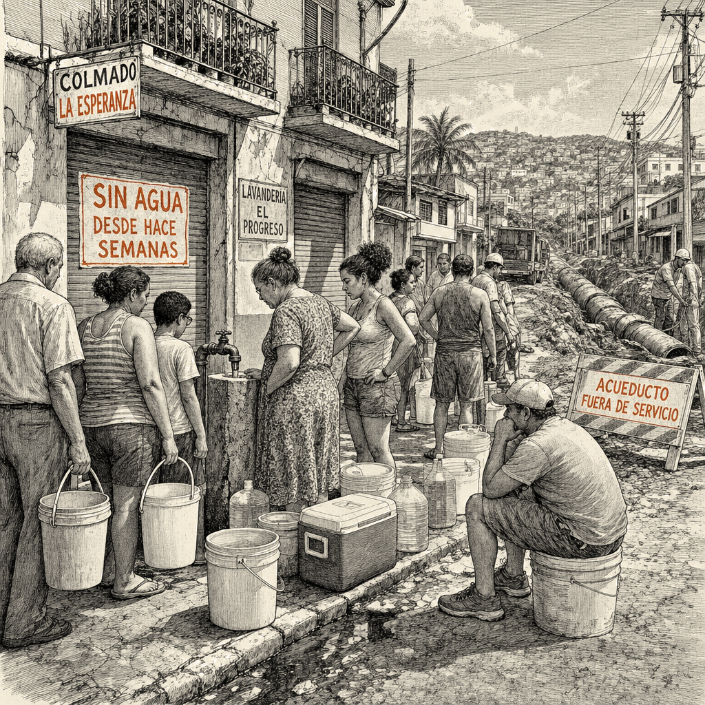 Illustration accompanying article: Pipeline break leaves Puerto Ricans without water for weeks
