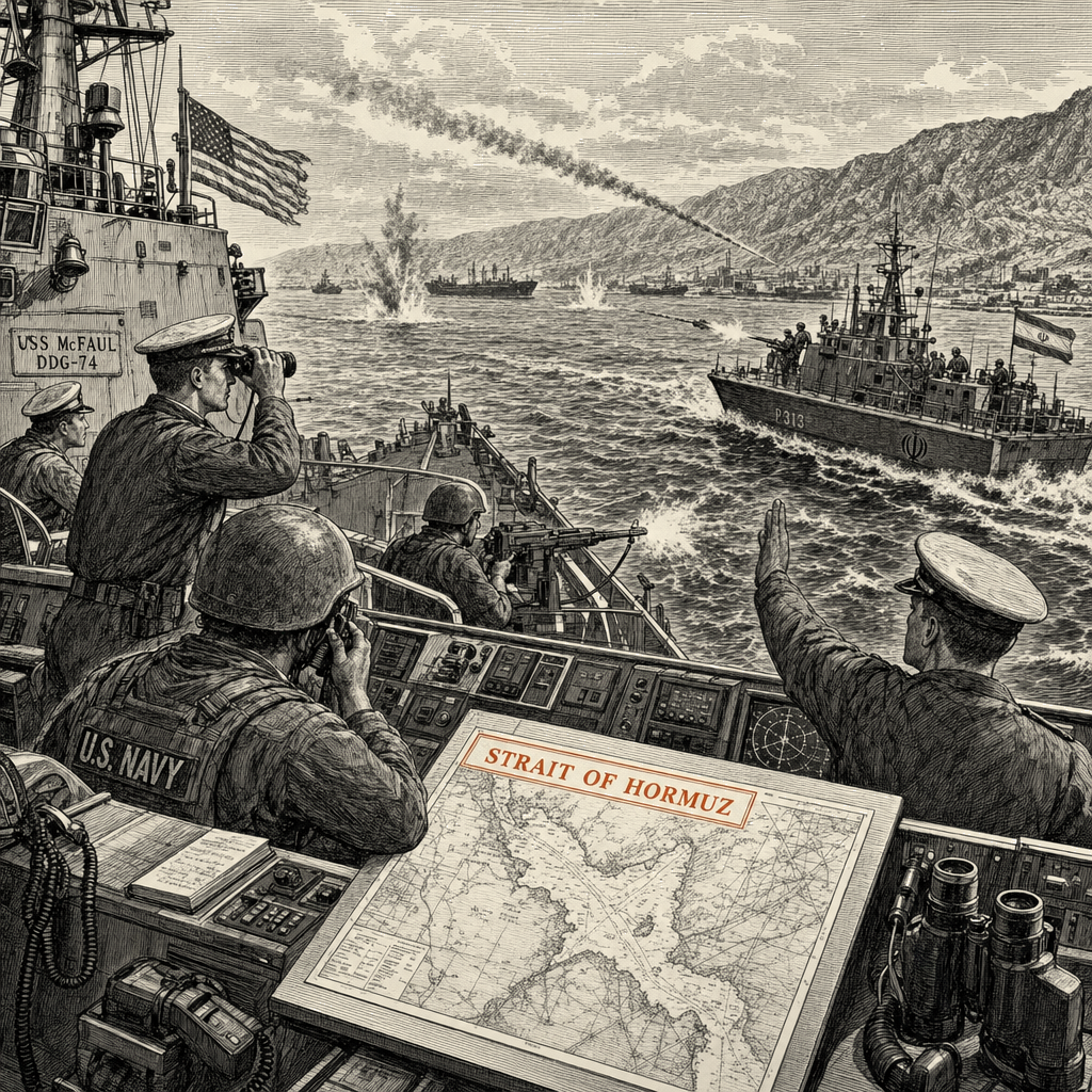 Illustration accompanying article: U.S. and Iran exchange fire for third straight weekend