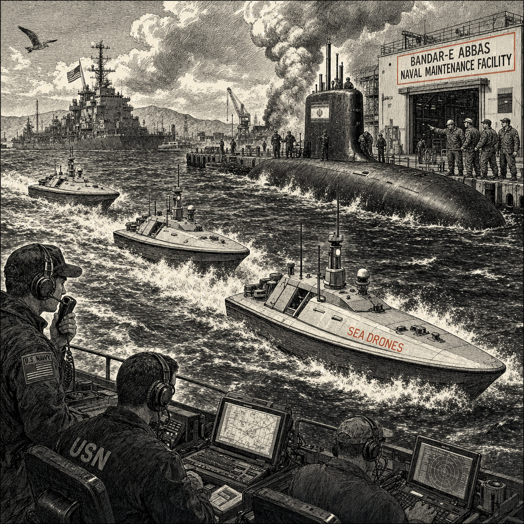 Illustration accompanying article: US deploys sea drones in combat strikes on Iran for first time