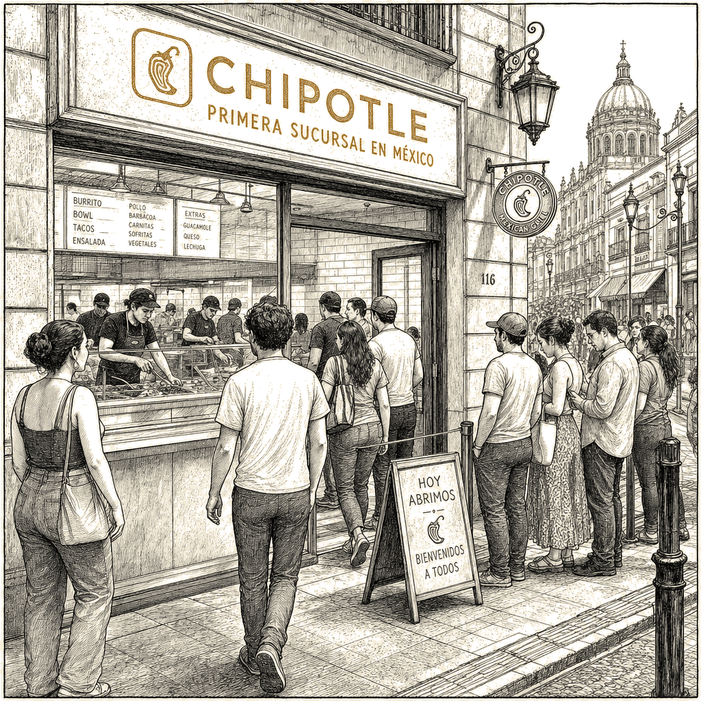 Illustration accompanying article: Chipotle to open first Mexico restaurant this week