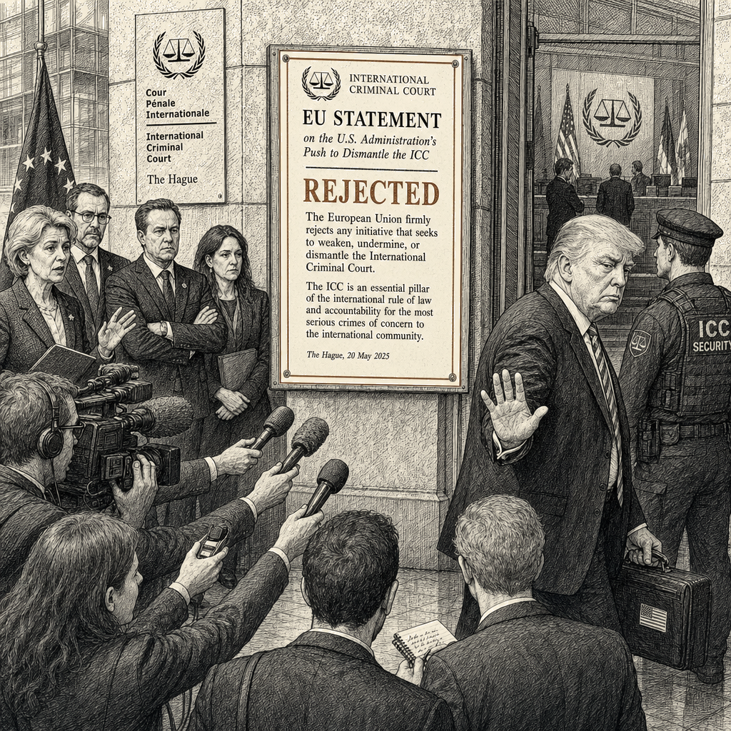 Illustration accompanying article: EU rejects Trump administration push to dismantle International Criminal Court