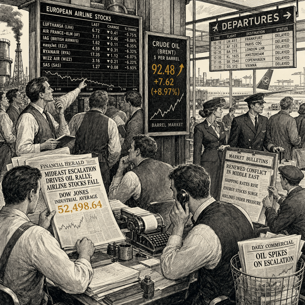 Illustration accompanying article: European airline stocks fall as Middle East escalation drives oil rally