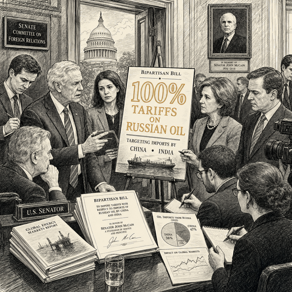 Illustration accompanying article: Graham-backed bill would target China, India with 100% Russian oil tariffs