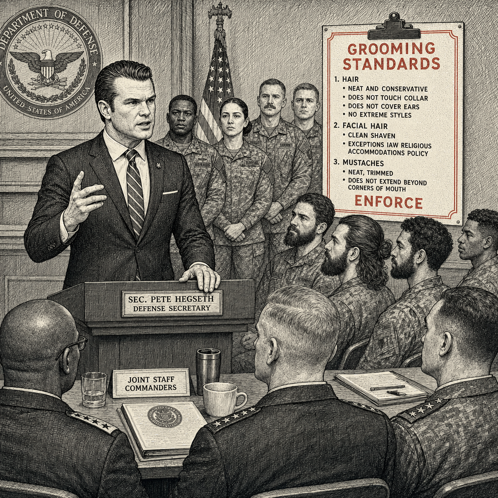Illustration accompanying article: Hegseth tells military to ban beards, long hair, ’superficial individual
