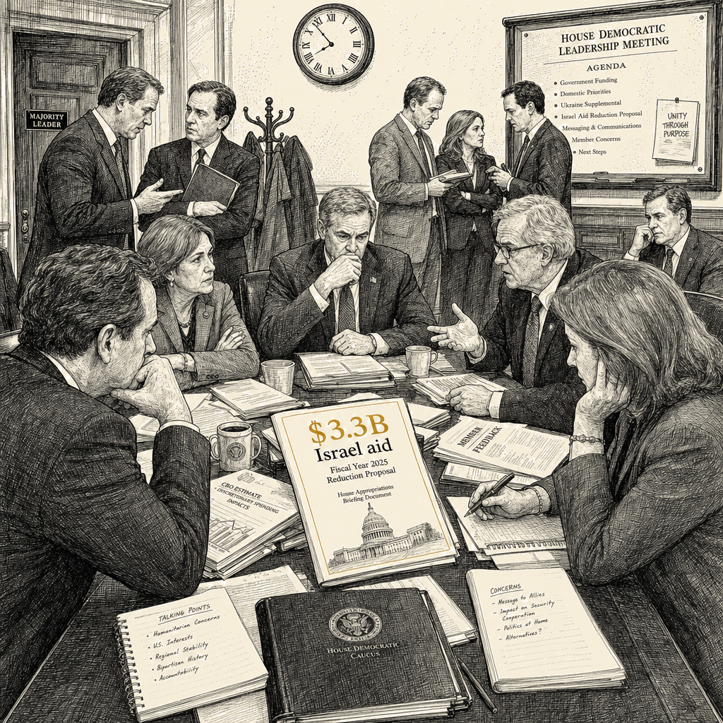 Illustration accompanying article: House Democratic leaders split on measure to cut $3.3B in Israel aid