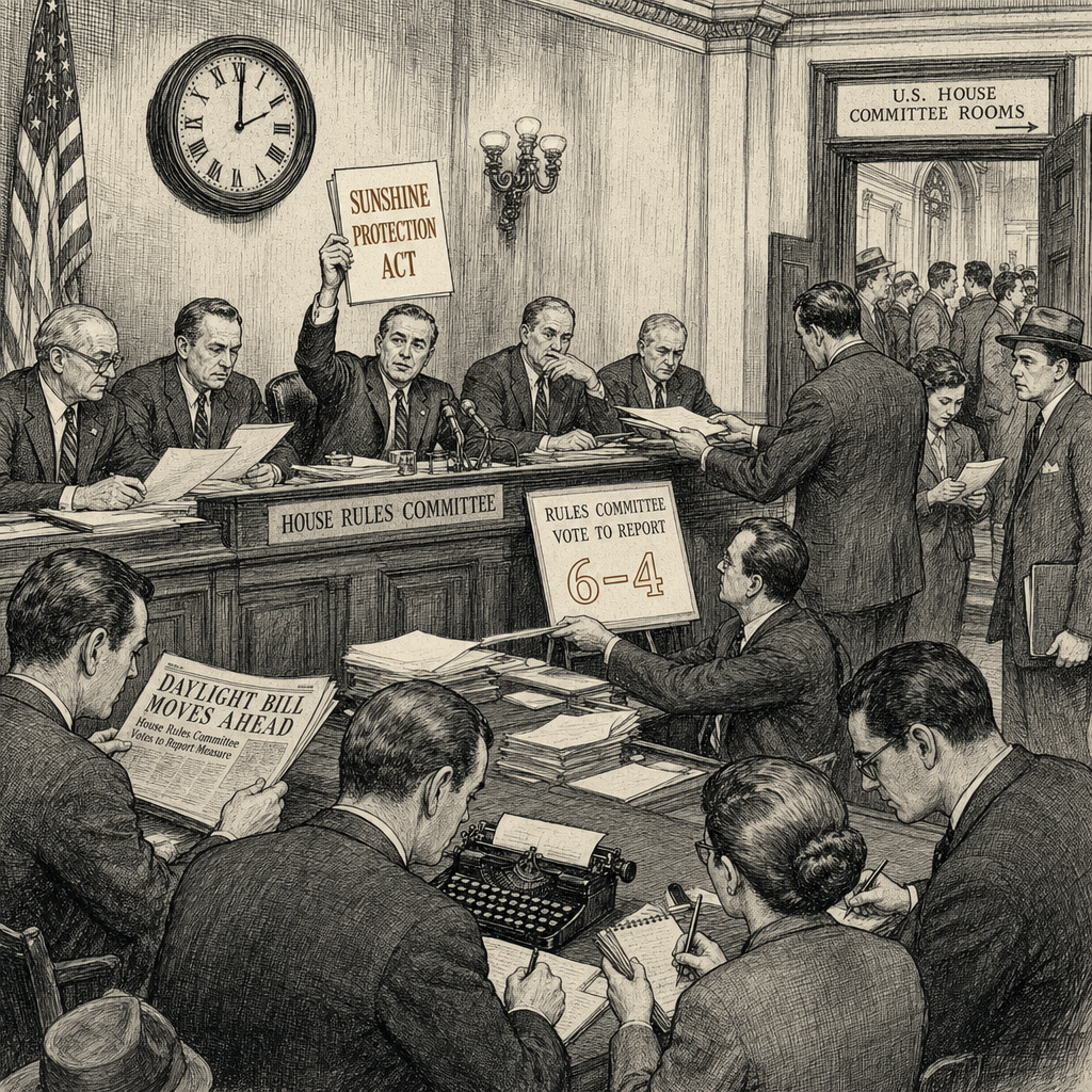 Illustration accompanying article: House panel advances bill for permanent daylight saving time
