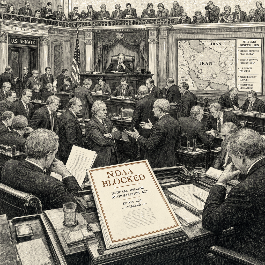 Illustration accompanying article: Senate Democrats block defense bill as Iran fighting continues