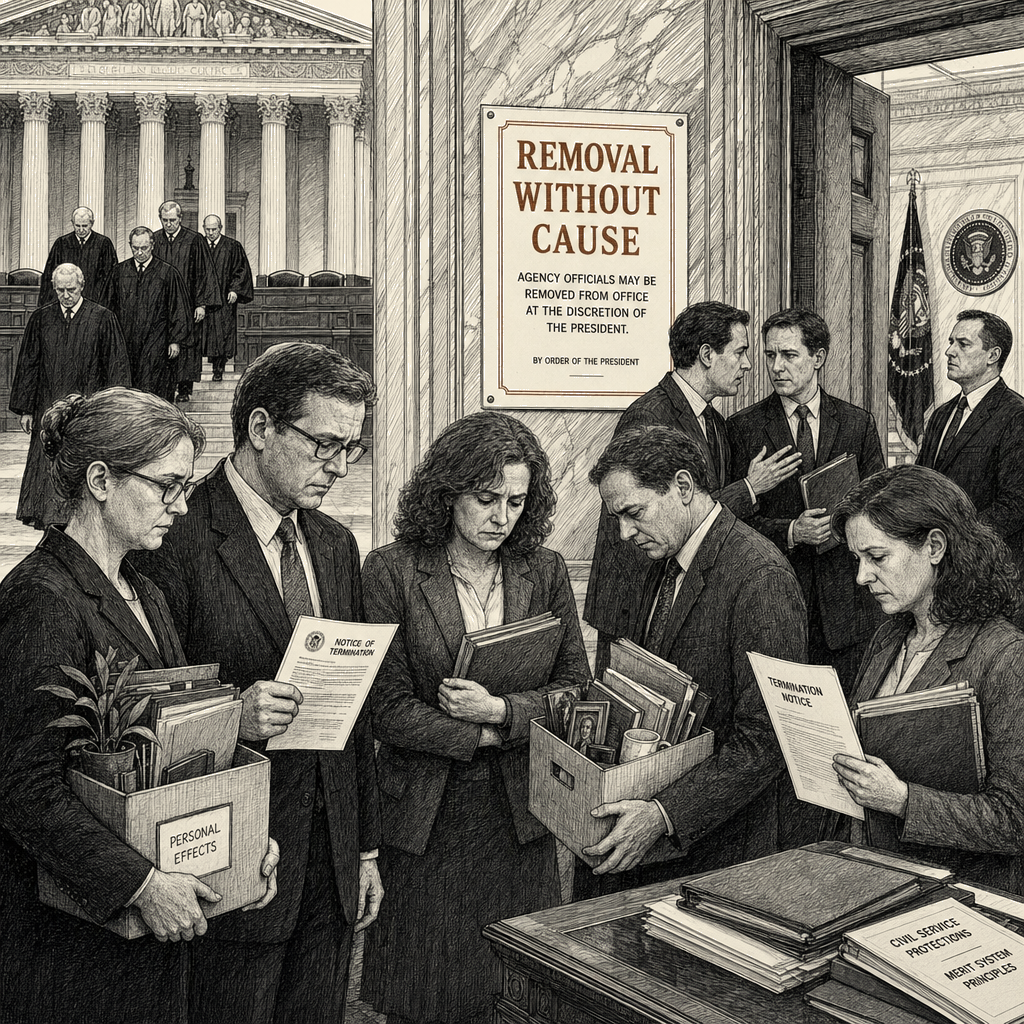 Illustration accompanying article: Supreme Court expands president's power to fire agency officials